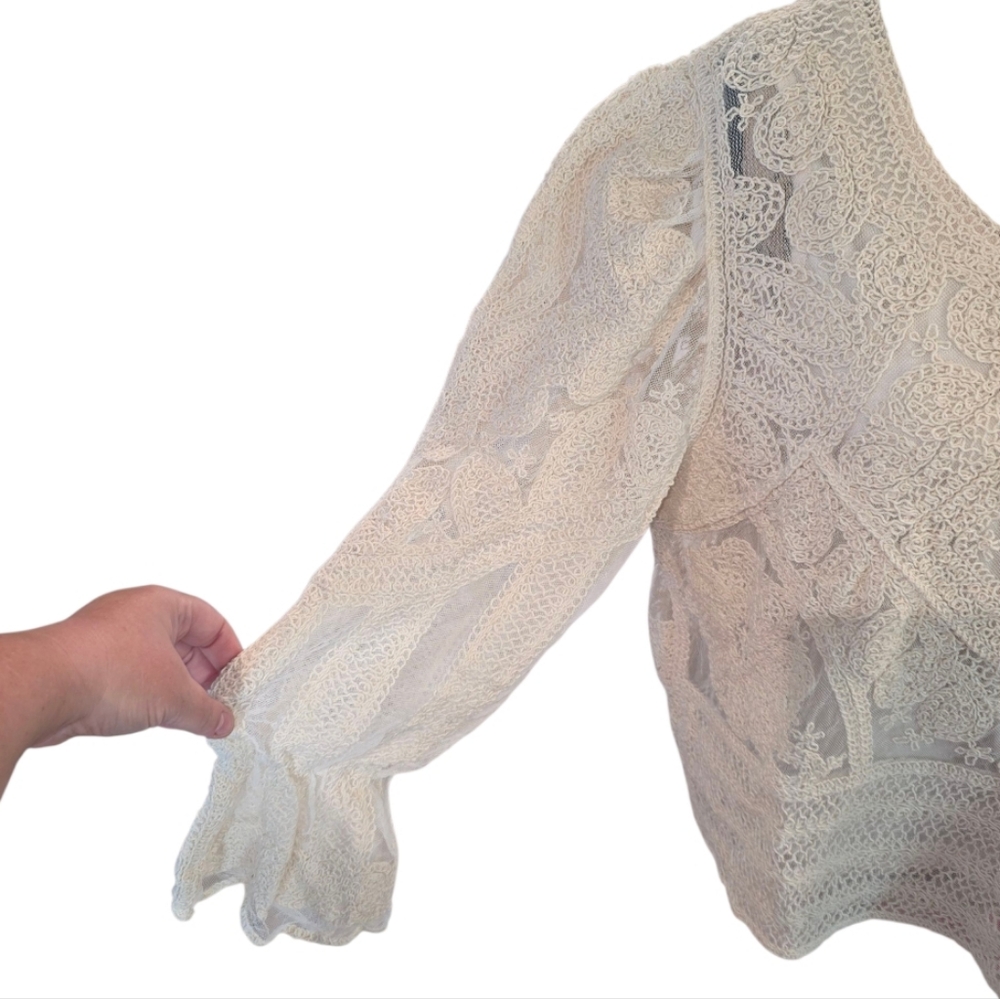 Ultra Pink Cream Lace Embroidered Lantern Long Sleeve Scoop Neck Top Size XL NEW - Picture 4 of 12